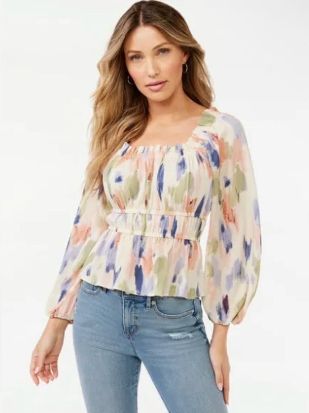 Sofia Jeans by Sofia Vergara Blouse Watercolor Pattern Smock Peplum Style Waist